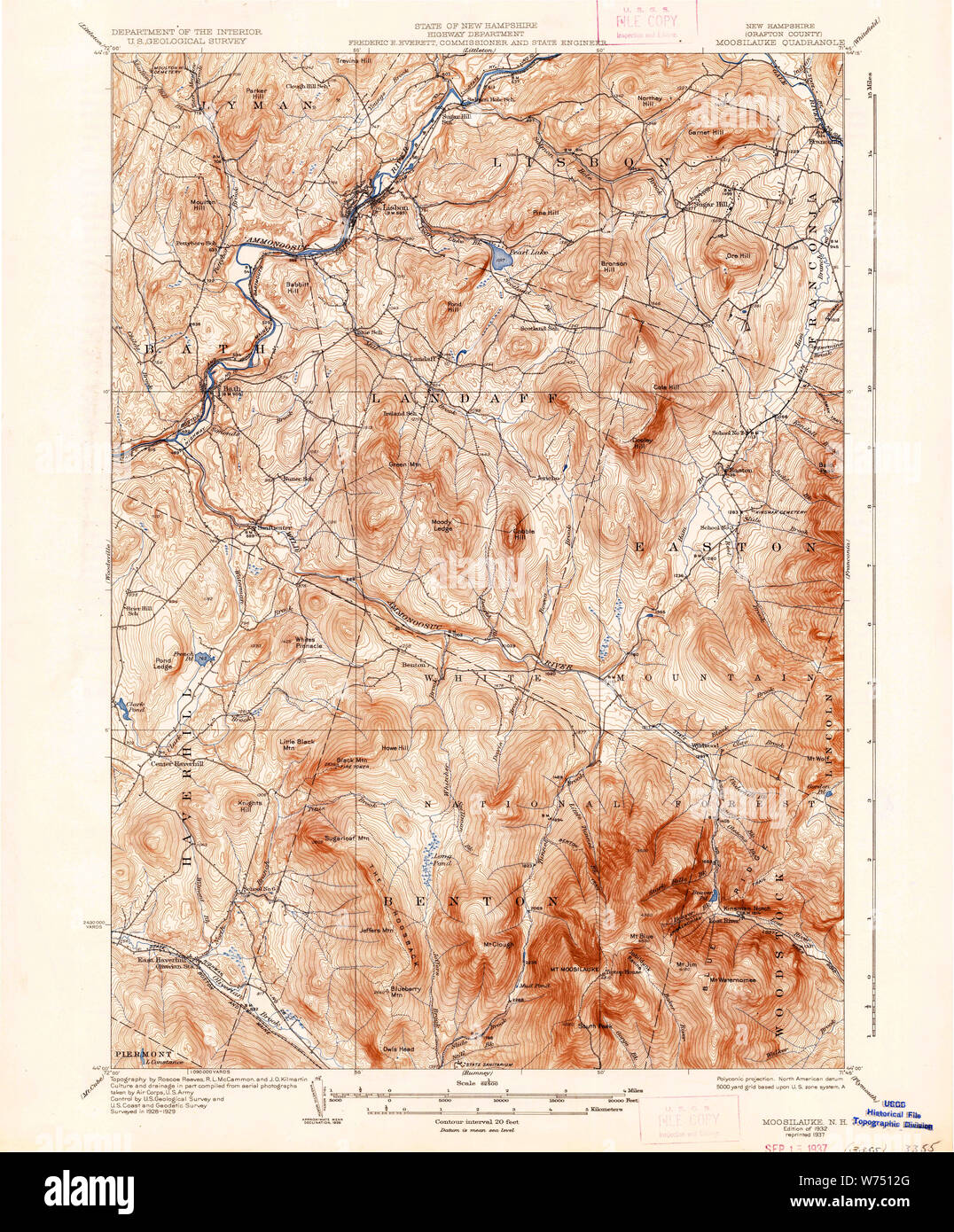 USGS TOPO Map New Hampshire NH Moosilauke 330192 1932 62500 Restoration Stock Photo