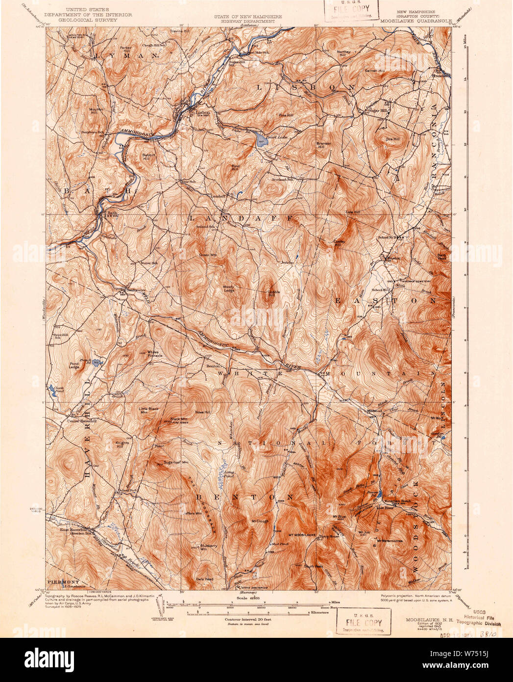 USGS TOPO Map New Hampshire NH Moosilauke 330193 1932 62500 Restoration Stock Photo
