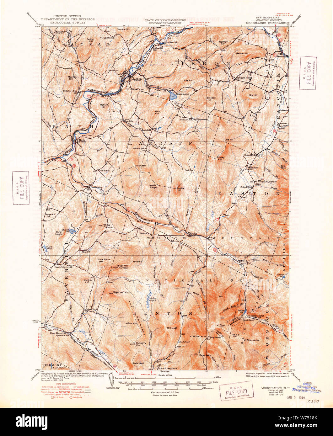 USGS TOPO Map New Hampshire NH Moosilauke 330194 1932 62500 Restoration Stock Photo
