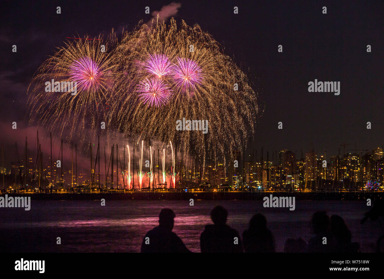 Beijing, Canada. 3rd Aug, 2019. Firework presented by team Croatia lights up the sky during the 29th annual Celebration of Light at English Bay in Vancouver, Canada, Aug. 3, 2019. Firework team Croatia displayed its firework Saturday night to sum up this year's Vancouver international fireworks competition. Credit: Liang Sen/Xinhua Stock Photo