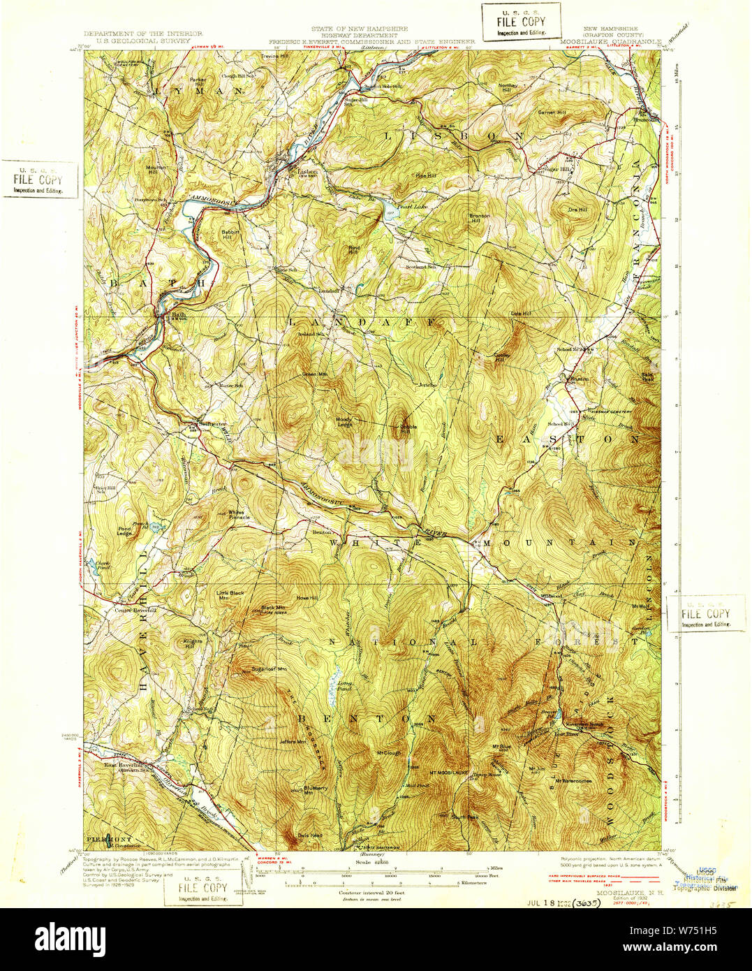 USGS TOPO Map New Hampshire NH Moosilauke 330196 1932 62500 Restoration Stock Photo