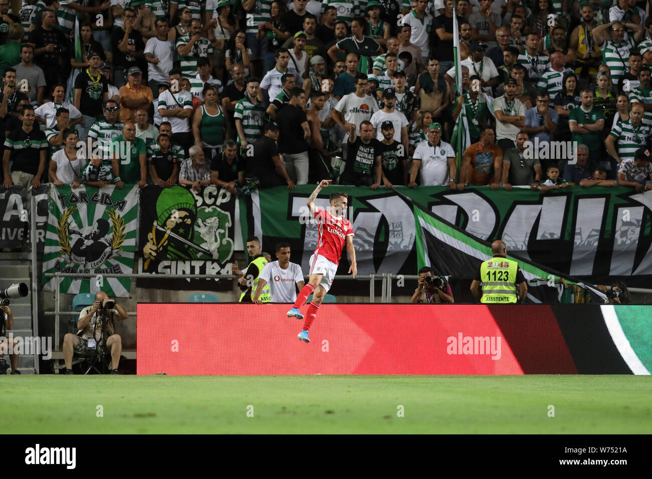 Lisbon, Portugal. 04th Aug, 2019. Rafa Silva of SL Benfica celebrates the goal during the Final Cândido de Oliveira SuperCup 2019 football match between SL Benfica vs Sporting CP.(Final score: SL Benfica 5 - 0 Sporting CP) Credit: SOPA Images Limited/Alamy Live News Stock Photo