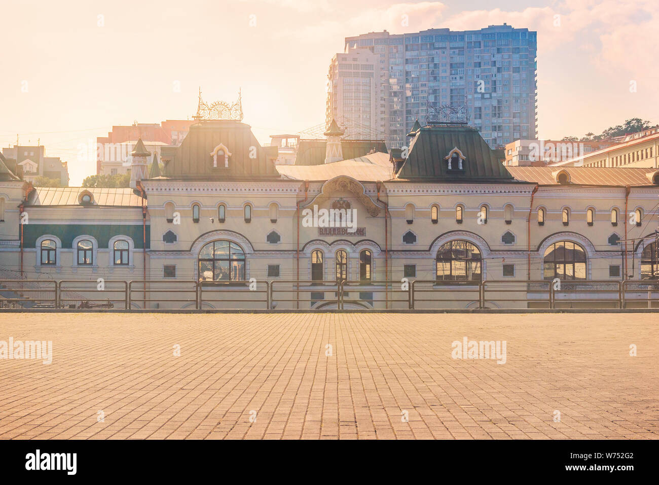 VLADIVOSTOK, RUSSIA - AUGUST 2, 2019: The building of the Railway Station of the Far Eastern capital of Russia Vladivostok, located in Primorsky Krai Stock Photo