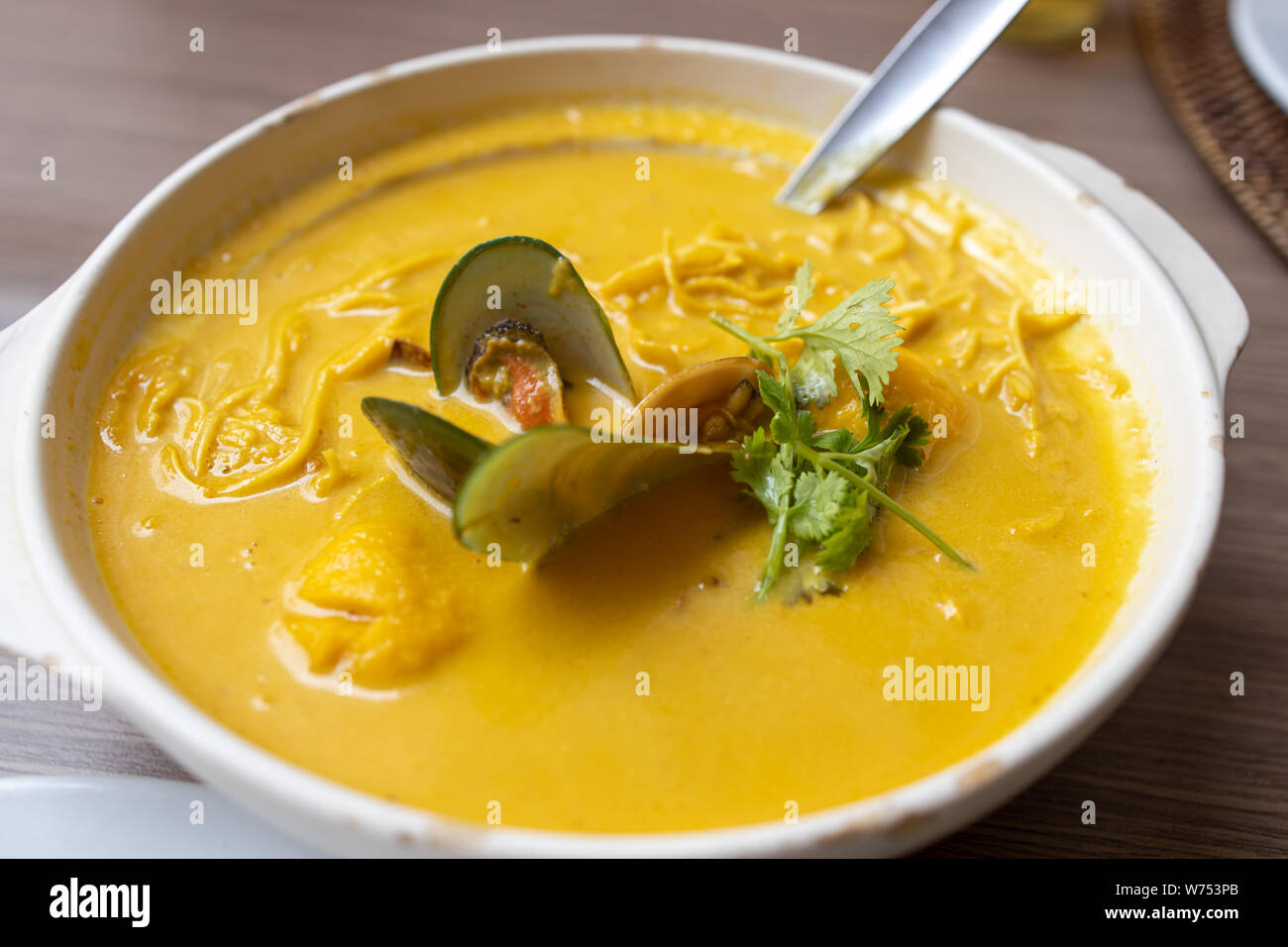 Laksa is a spicy noodle soup popular in Peranakan cuisine of Southeast