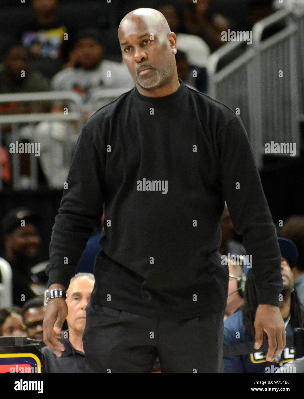 August 4, 2019: 3 Headed Monsters head coach Gary Payton looks on during the BIG3 Basketball League at Fiserv Forum in Milwaukee, Wisconsin. Ricky Bassman/CSM Stock Photo