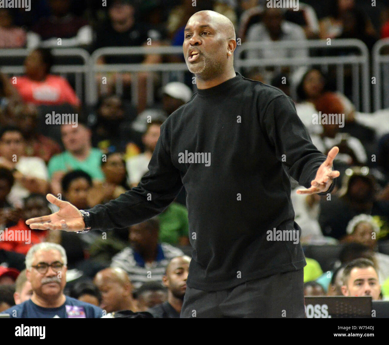 August 4, 2019: 3 Headed Monsters head coach Gary Payton looks on during the BIG3 Basketball League at Fiserv Forum in Milwaukee, Wisconsin. Ricky Bassman/CSM Stock Photo