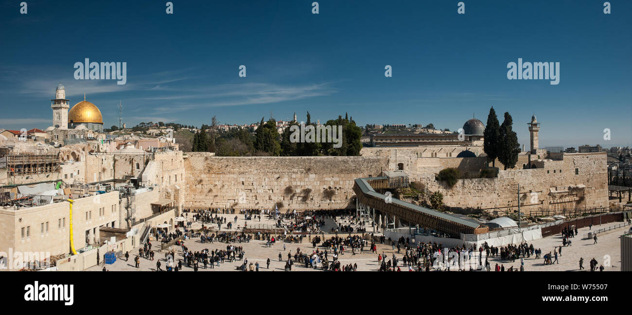 Wall of Tears. Panoramic view onto Western Wall of Jerusalem Temple and the dome of mosque Al Aqsa. Stock Photo