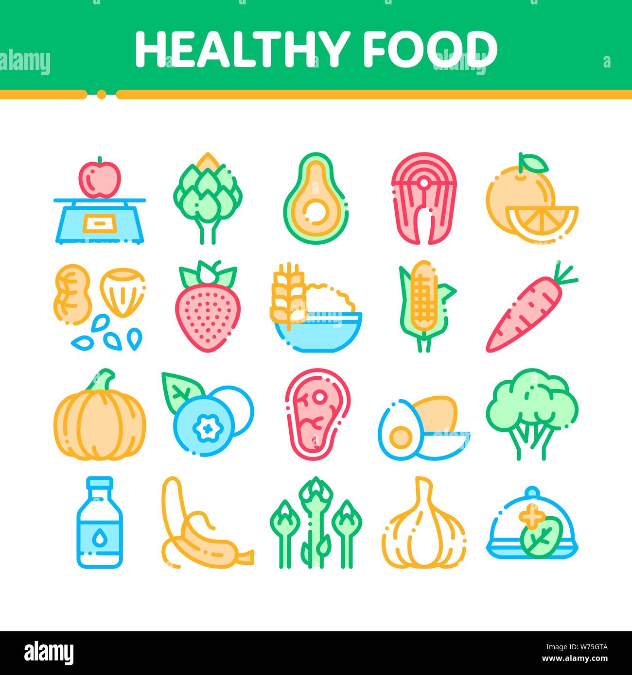 Collection Healthy Food Vector Thin Line Icons Set Stock Vector Image ...