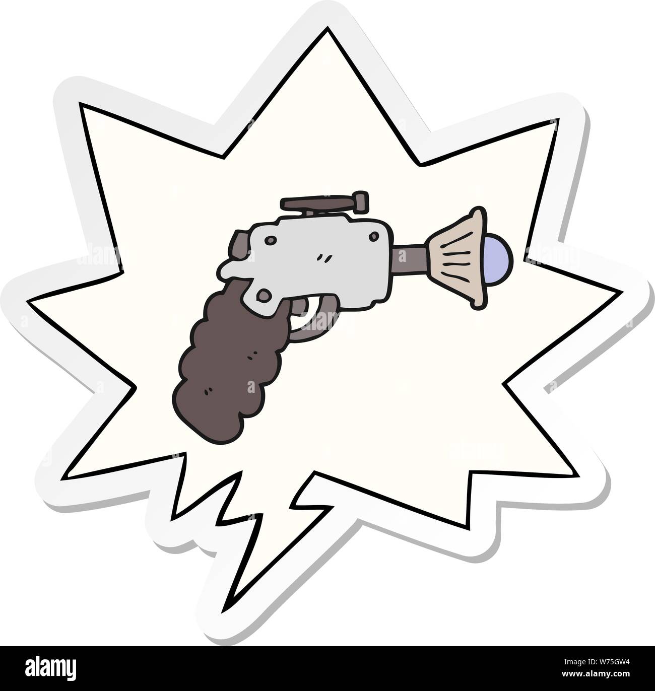 cartoon ray gun with speech bubble sticker Stock Vector