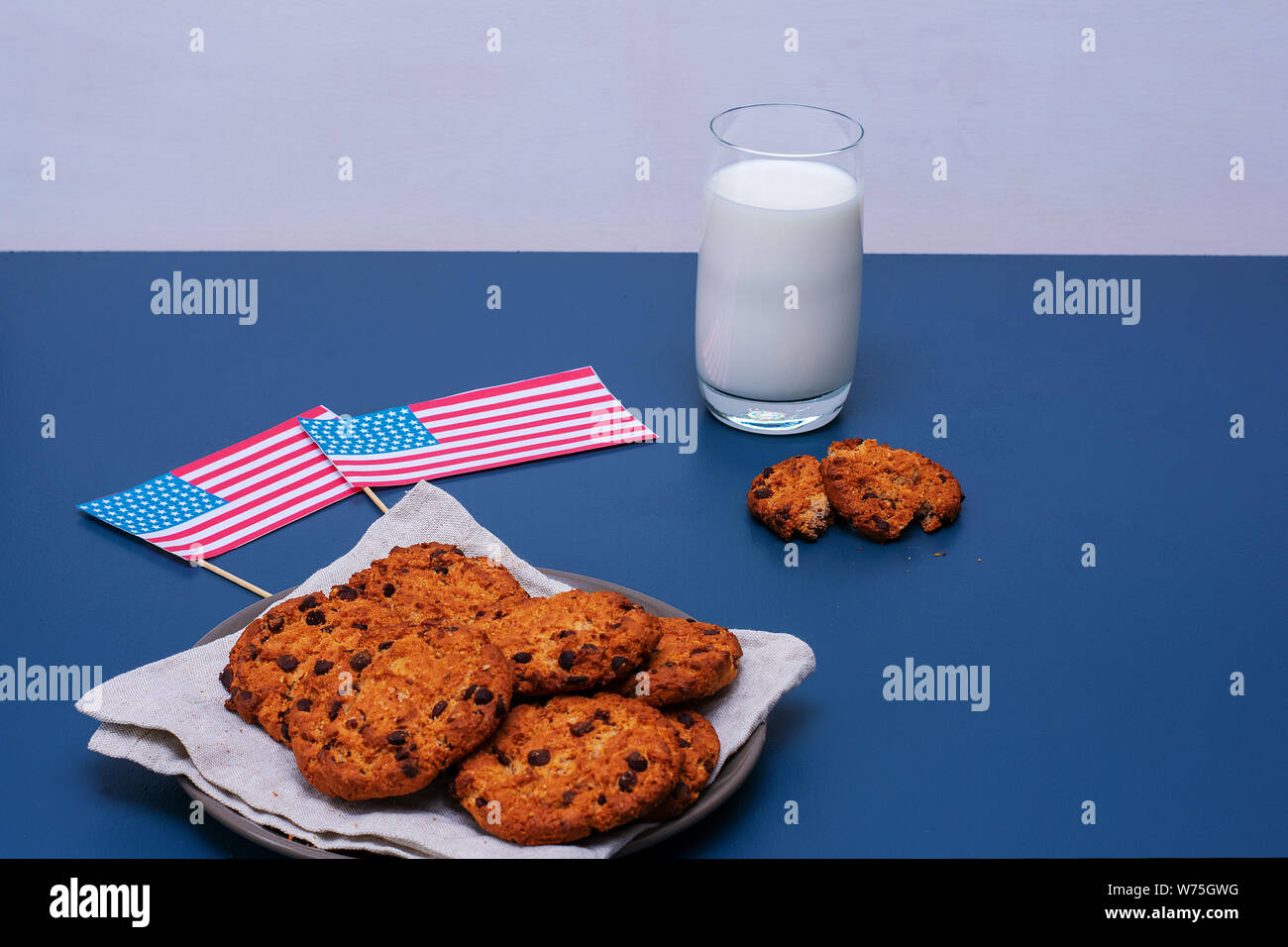 Cookies with chocolate chips on the background of the flags of the USA