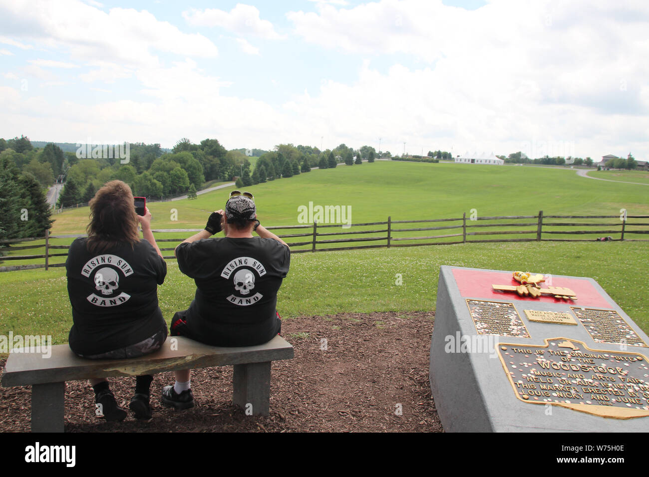 Bethel, USA. 06th July, 2019. A commemorative plaque on the site where the Woodstock Festival