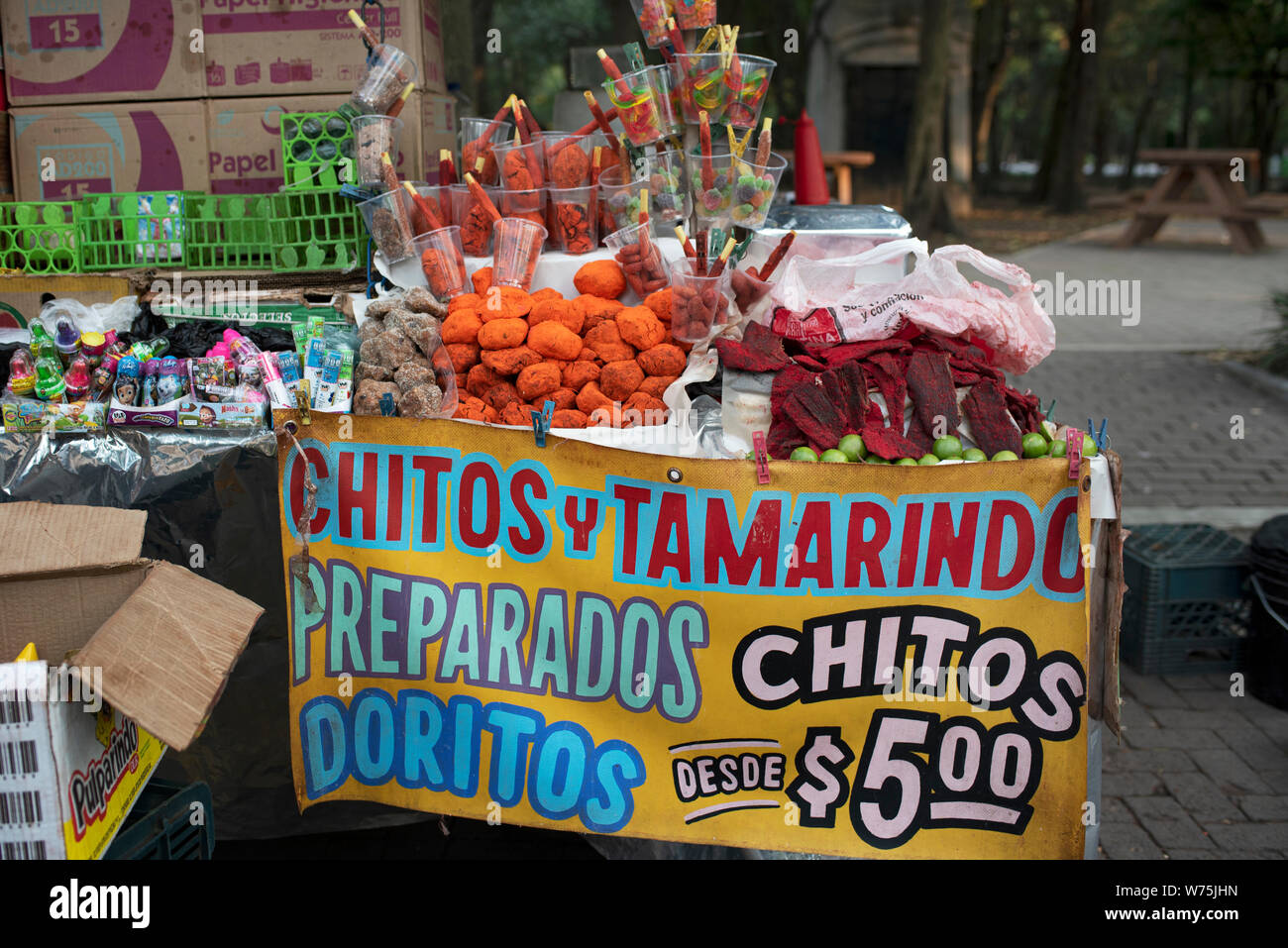 Various tamarind flavoured sweet & spicy Mexican sweets for sale on Av. Paseo de la Reforma in Chapultepec Park, Mexico City, Mexico. Jun 2019 Stock Photo