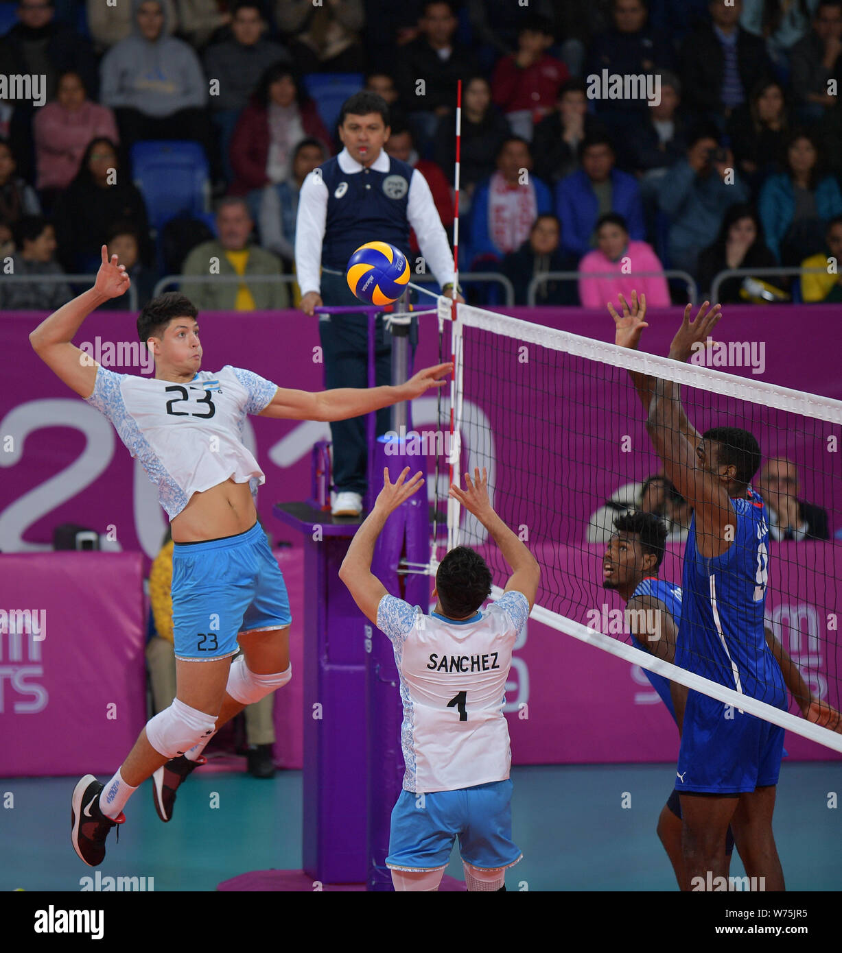 Lima. 4th Aug, 2019. Joaquin Gallego (L) of Argentina competes during the men's volleyball final between Argentina and Cuba at Pan American Games 2019 in Lima, Peru on Aug. 4, 2019. Argentina won 3-0. Credit: Xin Yuewei/Xinhua/Alamy Live News Stock Photo