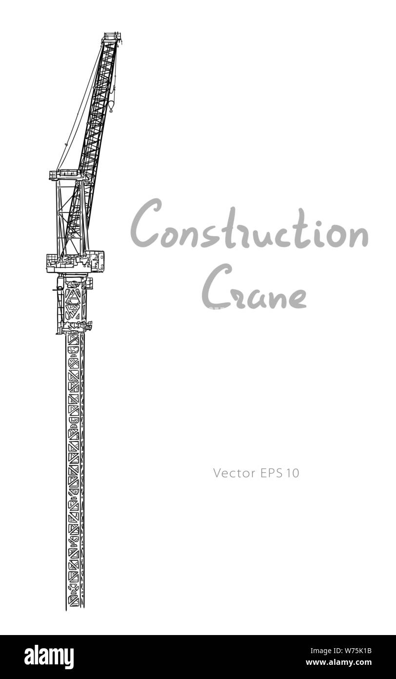 Tower construction crane. Vector line art on white Stock Vector