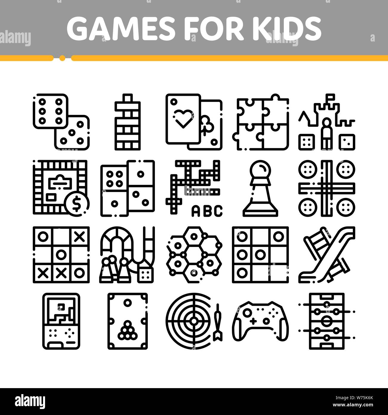 Interactive Kids Games Vector Thin Line Icons Set Stock Vector