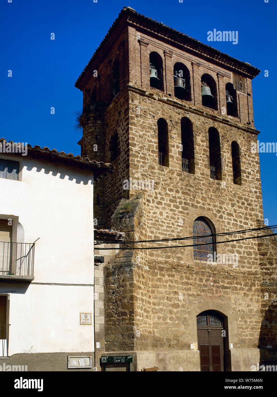 Spain. La Rioja. Cervera del Rio Alhama. Quadrangular tower of the Church of San Gil, by a Mudejar style belfry. Stock Photo