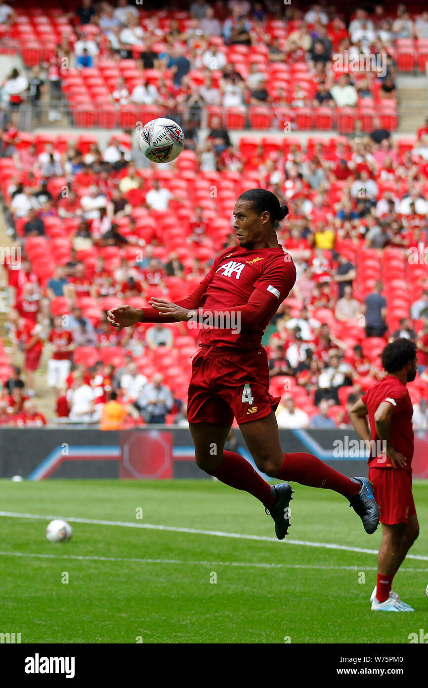 London, UK. 04th Aug, 2019. Virgil van Dijk of Liverpool jumping to head then ball during the 2019 FA Community Shield match between Liverpool and Manchester City at Wembley Stadium, London, England on 4 August 2019. Photo by Carlton Myrie. Editorial use only, license required for commercial use. No use in betting, games or a single club/league/player publications. Credit: UK Sports Pics Ltd/Alamy Live News Stock Photo