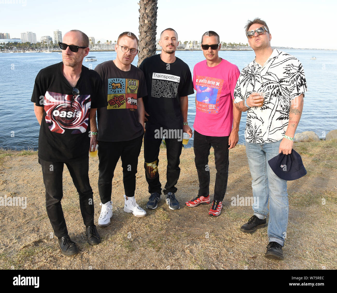 Matt Maust, Matthew Schwartz, David Quon, Joe Plummer and Nathan Willett of the band Cold War Kids pose for a portrait backstage at the ALT 98.7 Summer Camp at the Queen Mary in Long Beach on August 3, 2019. performs at ALT 98.7 Summer Camp at the Queen Mary in Long Beach on August 3, 2019. Stock Photo
