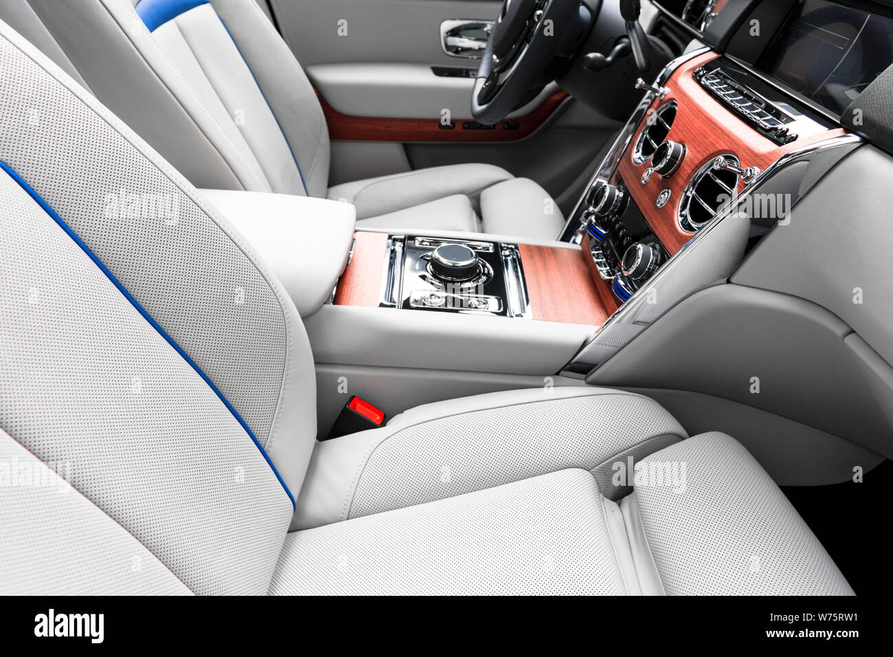 Modern Luxury Car White Leather Interior With Natural Wood Panel Part Of Leather Car Seat Details With Stitching Interior Of Prestige Modern Car Wh Stock Photo Alamy