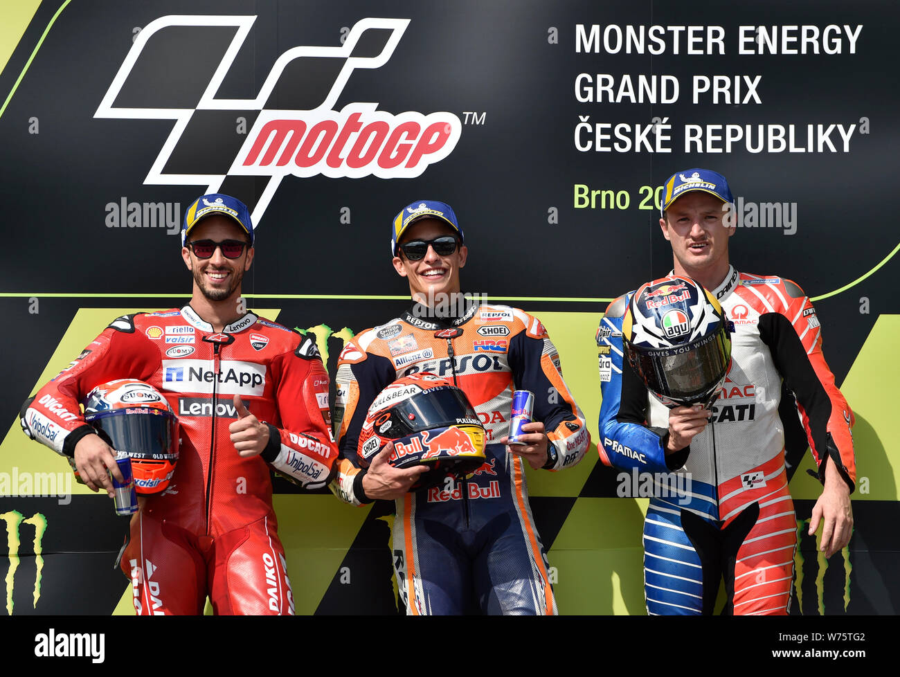 Brno, Czech Republic. 04th Aug, 2019. Road racers L-R Andrea Dovizioso  (Italy), Marc Marquez (Spain) and Jack Miller (Australia) and seen on the  podium during the Czech Republic motorcycle Grand Prix 2019