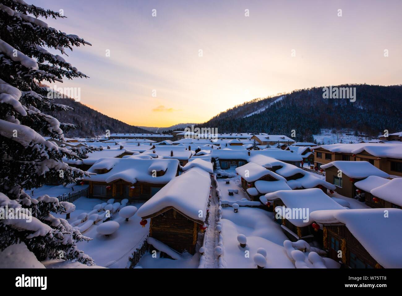 Snow Covered Log Cabins And Snow Mushrooms Are Seen In The