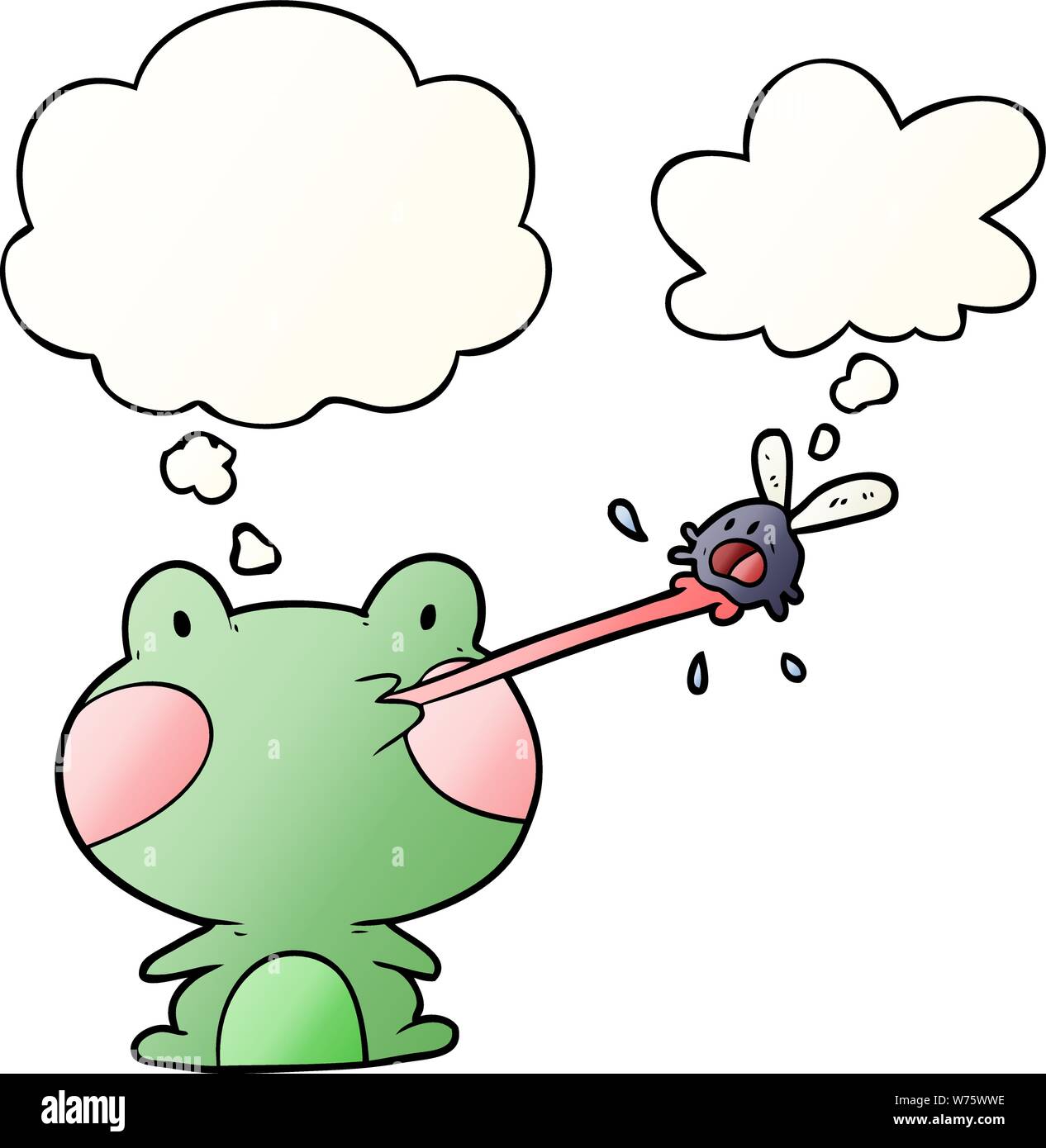 cartoon frog catching fly with thought bubble in smooth gradient style