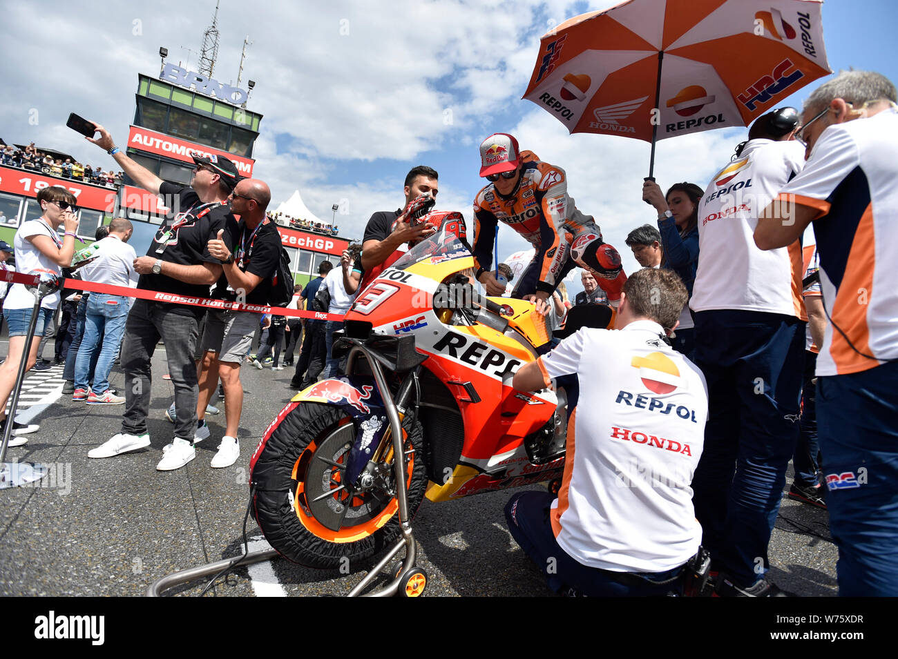 Brno, Czech Republic. 04th Aug, 2019. Road racer Marc Marquez (Spain) is  seen prior to the start of the MotoGP category race during the Czech  Republic motorcycle Grand Prix 2019 in Brno