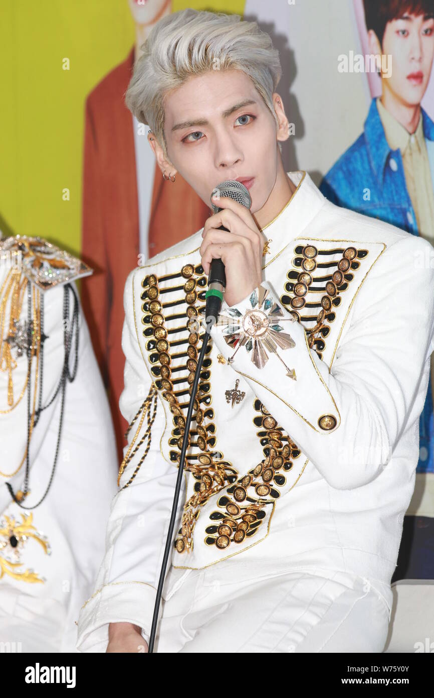 South Korean singer-songwriter Kim Jong-hyun, better known as Jonghyun, of South Korean boy group SHINee attends a press conference for their concert Stock Photo