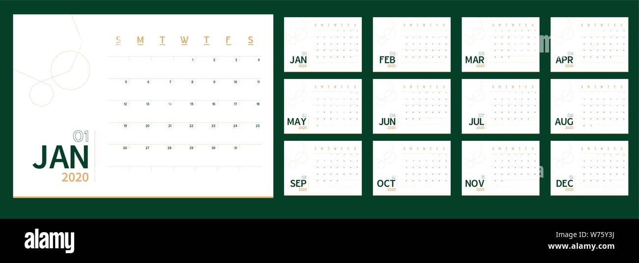 Vector 2020 new year calendar planner template in minimal table simple  style green and gold color, ecology Holiday event planner,Week Starts  Sunday.12 Stock Vector Image & Art - Alamy