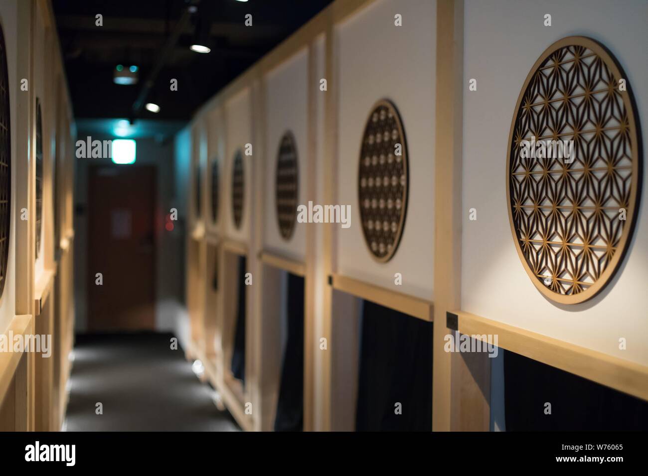 Hotel Zen Tokyo, a fancy capsule hotel with minimalistic Japanese design in Ningyocho, in May 2019. | usage worldwide Stock Photo