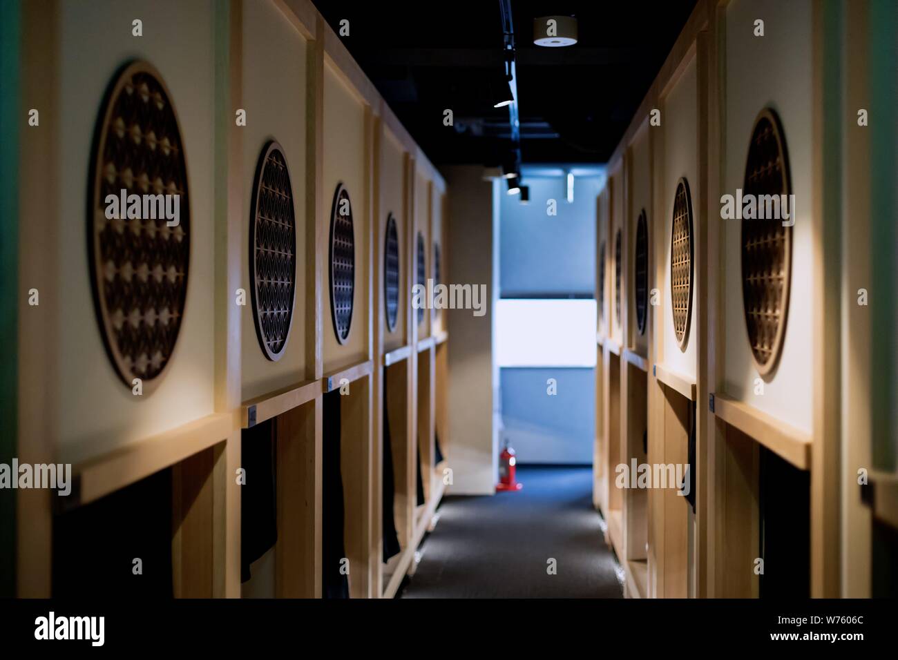Hotel Zen Tokyo, a fancy capsule hotel with minimalistic Japanese design in Ningyocho, in May 2019. | usage worldwide Stock Photo