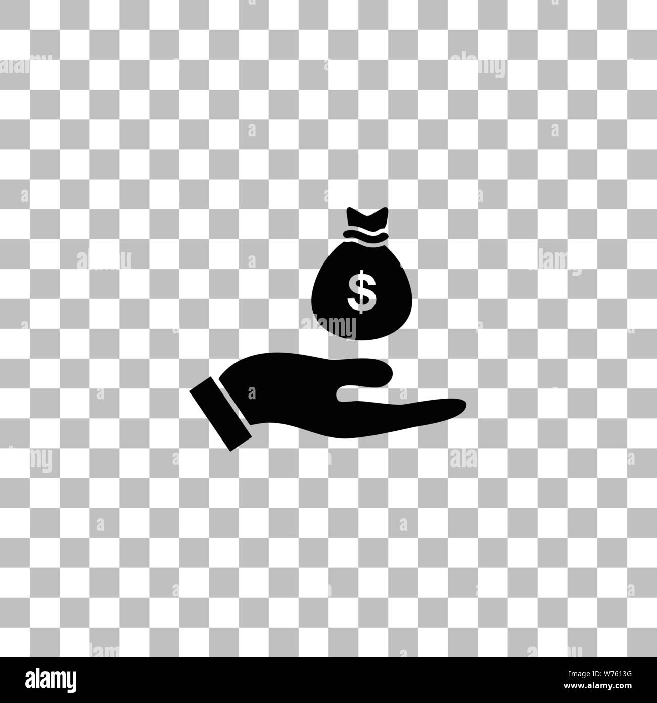 Open Palm Hold Money Bag. Black flat icon on a transparent background ...