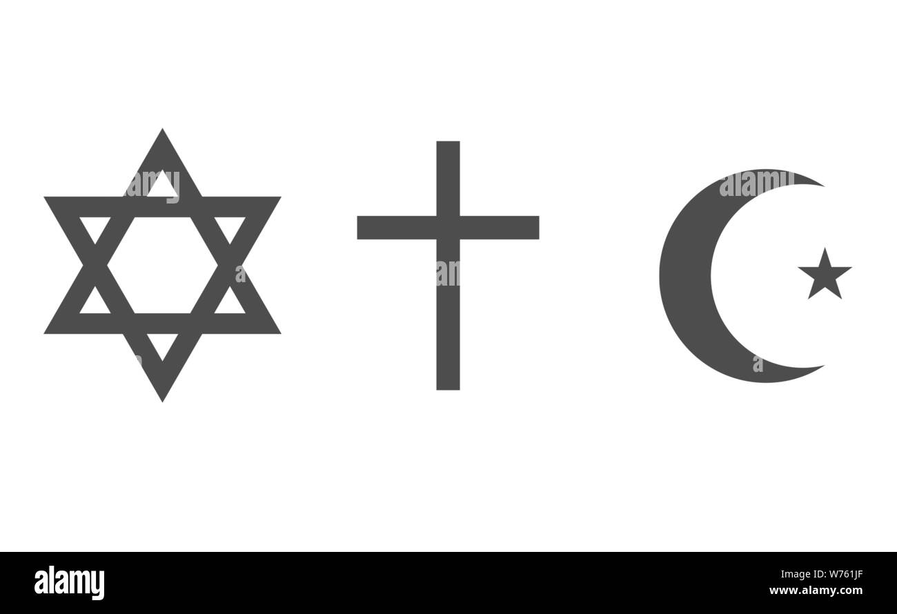Islam, Christianity and Judaism symbols. Cross, Star of David and moon with star symbols Stock Vector