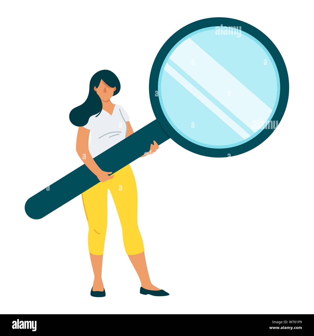 Woman holding magnifying glass flat vector character. Female faceless marketer, business analyst, headhunter. Researching, solutions and ideas searchi Stock Vector