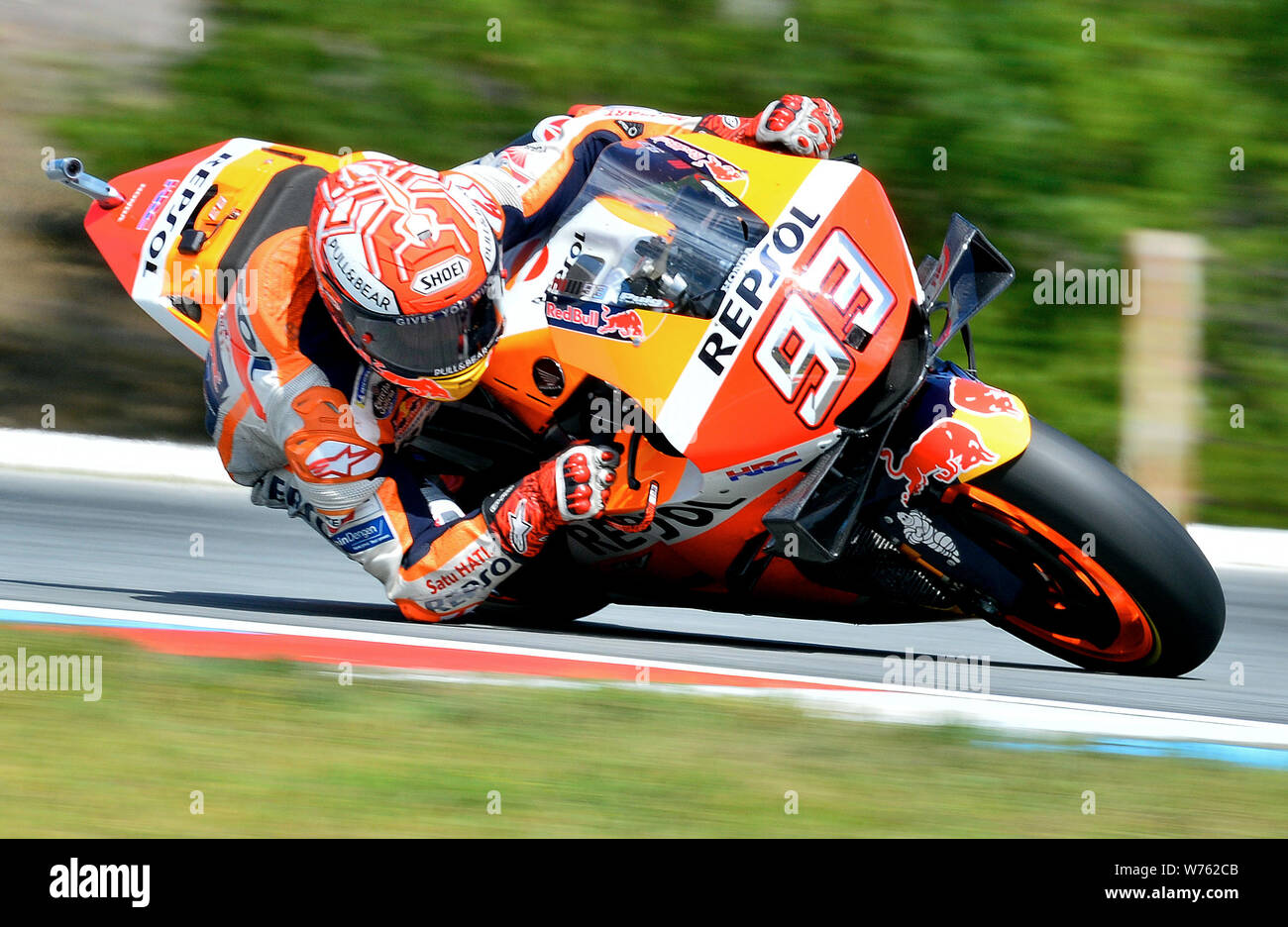 Brno, Czech Republic. 04th Aug, 2019. Road racer Marc Marquez (Spain)  competes in MotoGP category race during the Czech Republic motorcycle Grand  Prix 2019, in Brno Circuit, Czech Republic, on August 4,