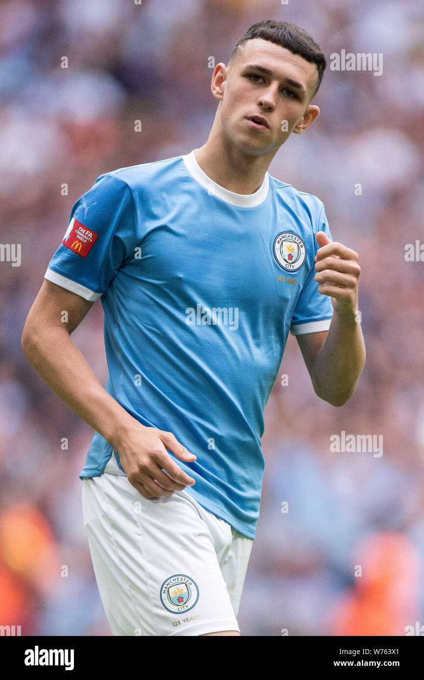 LONDON, ENGLAND - AUGUST 04: Phil Foden of Manchester City during the FA Community Shield match between Liverpool and Manchester City at Wembley Stadium on August 4, 2019 in London, England. (Photo by Sebastian Frej/MB Media) Stock Photo