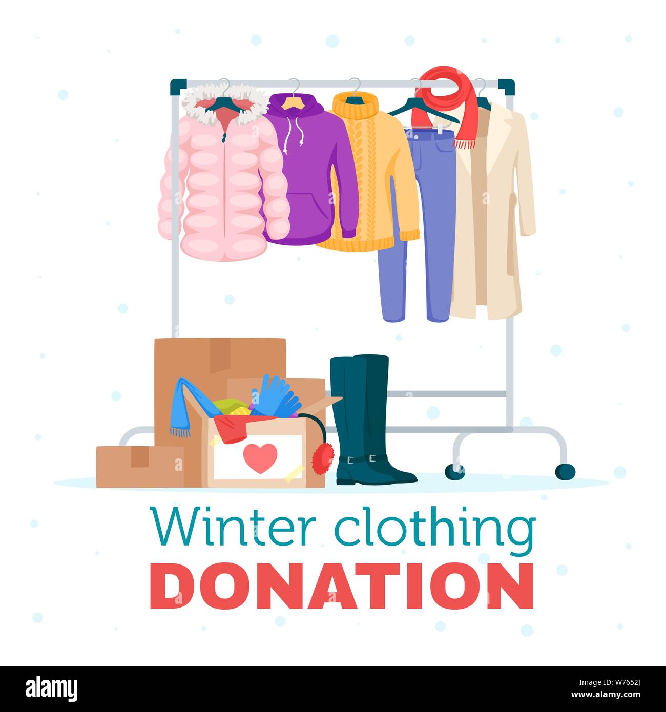Winter warm clothing donation flat vector illustration. Cheap and free seasonal garment. Second hand shop, flea market goods. Outerwear, coat, sweater Stock Vector