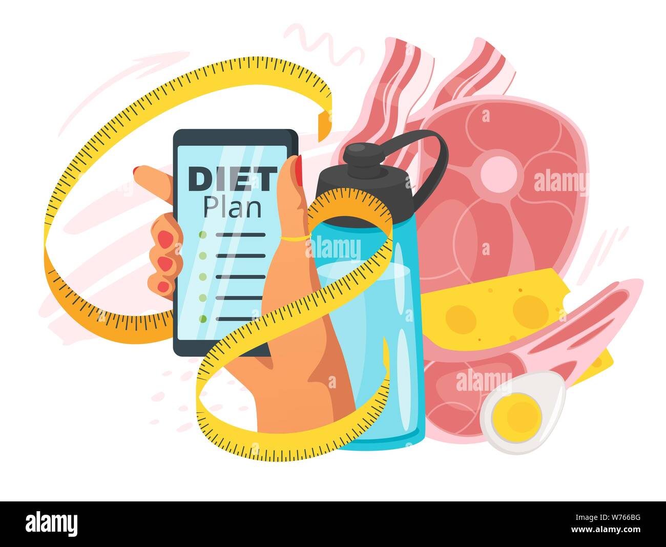 Carnivore diet plan app vector web banner template. Healthy eating, lifestyle. Slimming, calories counting recipes for women poster. Hand holding smar Stock Vector