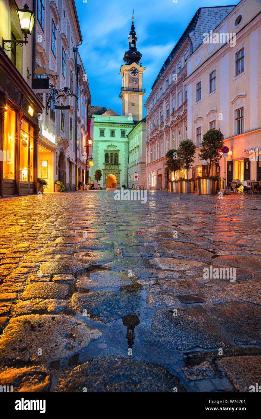 Linz, Austria. Cityscape image of old town Linz, Austria during twilight blue hour with reflection of the city lights. Stock Photo
