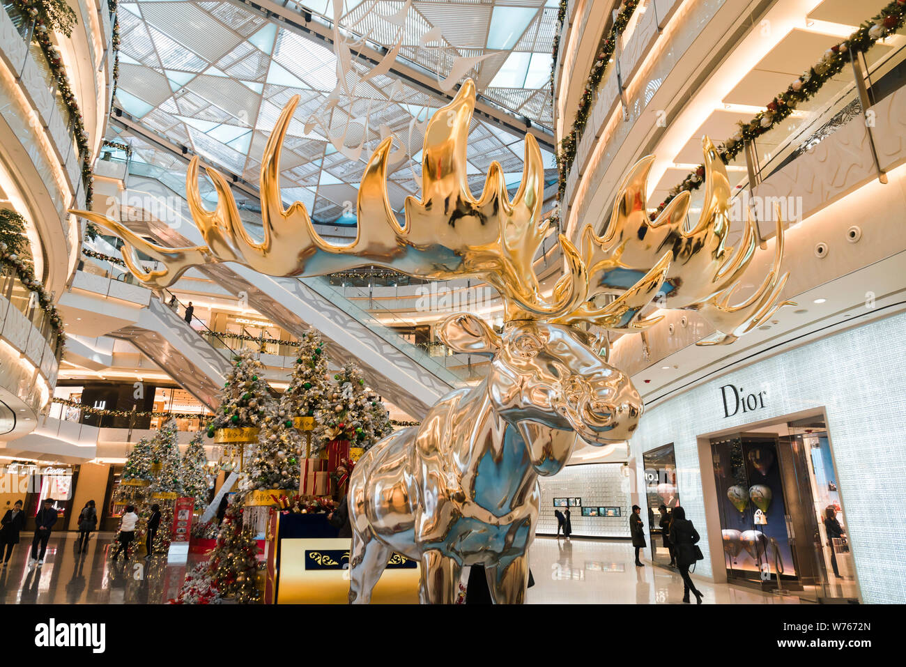 View of a huge moose with golden antlers and silver body on display for the upcoming Christmas at the Shanghai International Finance Centre (IFC) in S Stock Photo