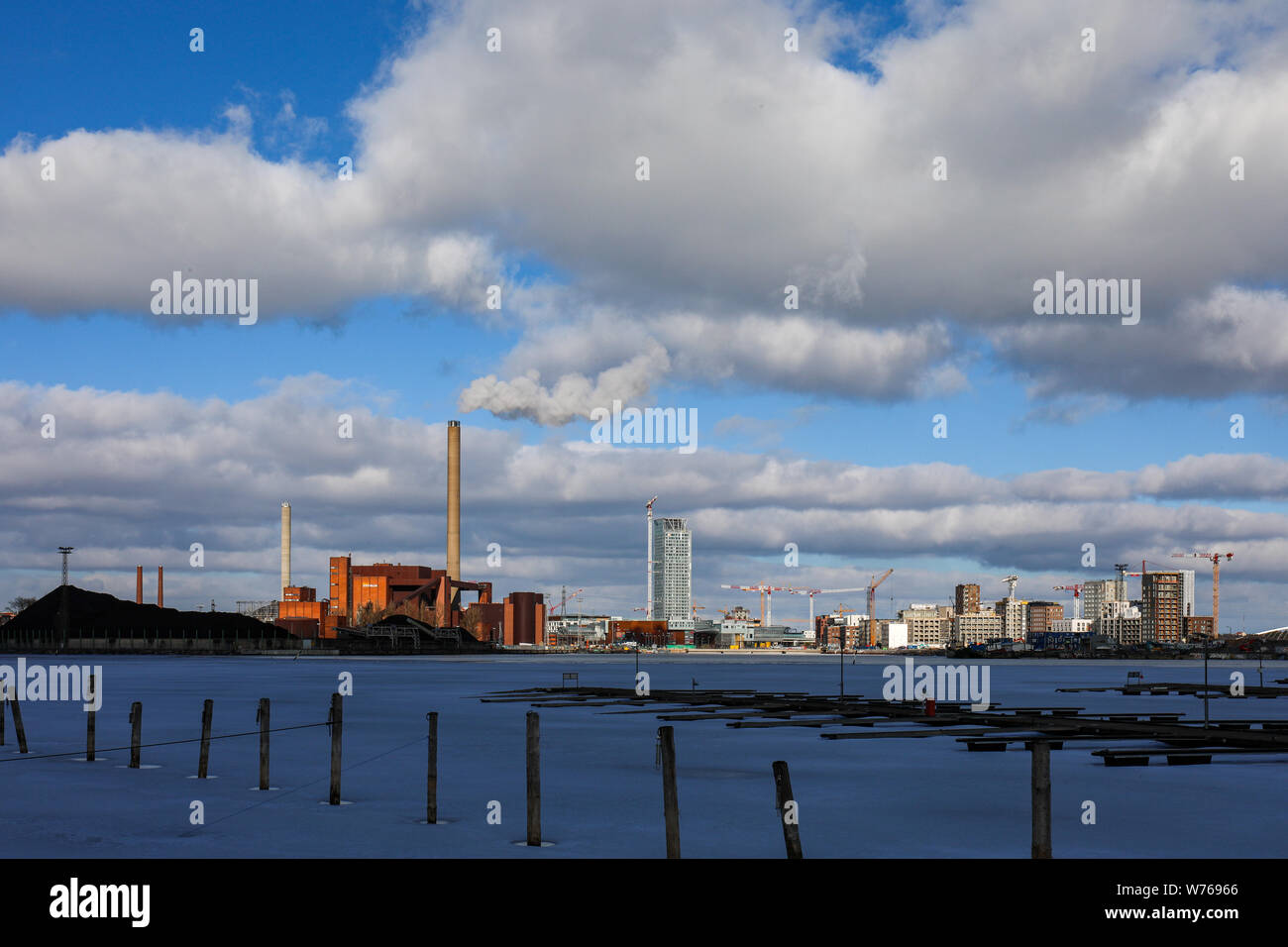 Hanasaari Power Plant, Majakka and new residential district Sompasaari viewed from Kruununhaka on an early spring day in Helsinki, Finland Stock Photo