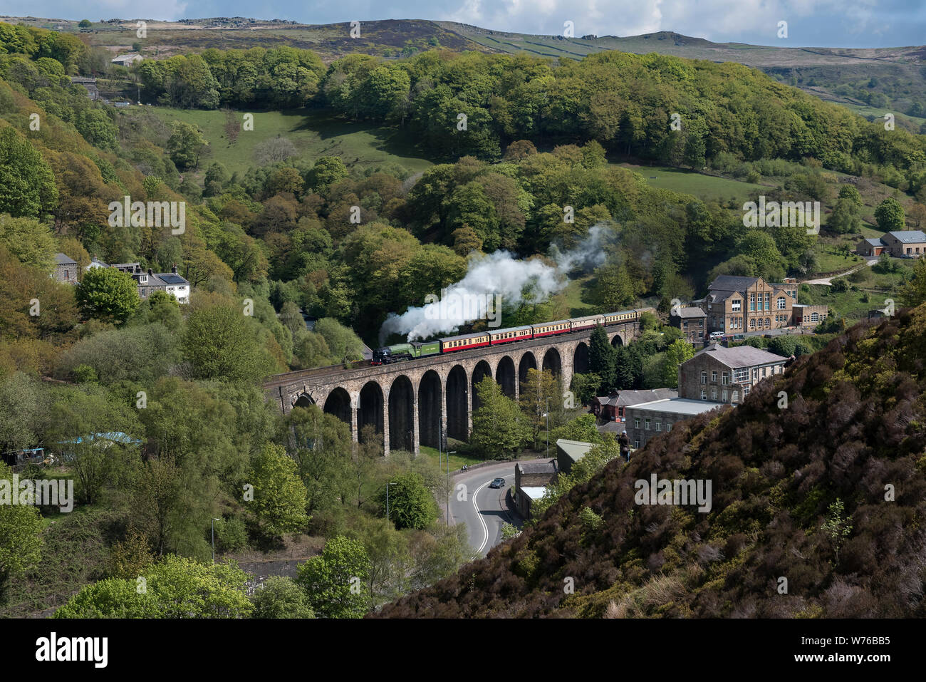 A1 No. 60163 Tornado crosses Lydgate Viaduct with a railtour bound for Chester Stock Photo