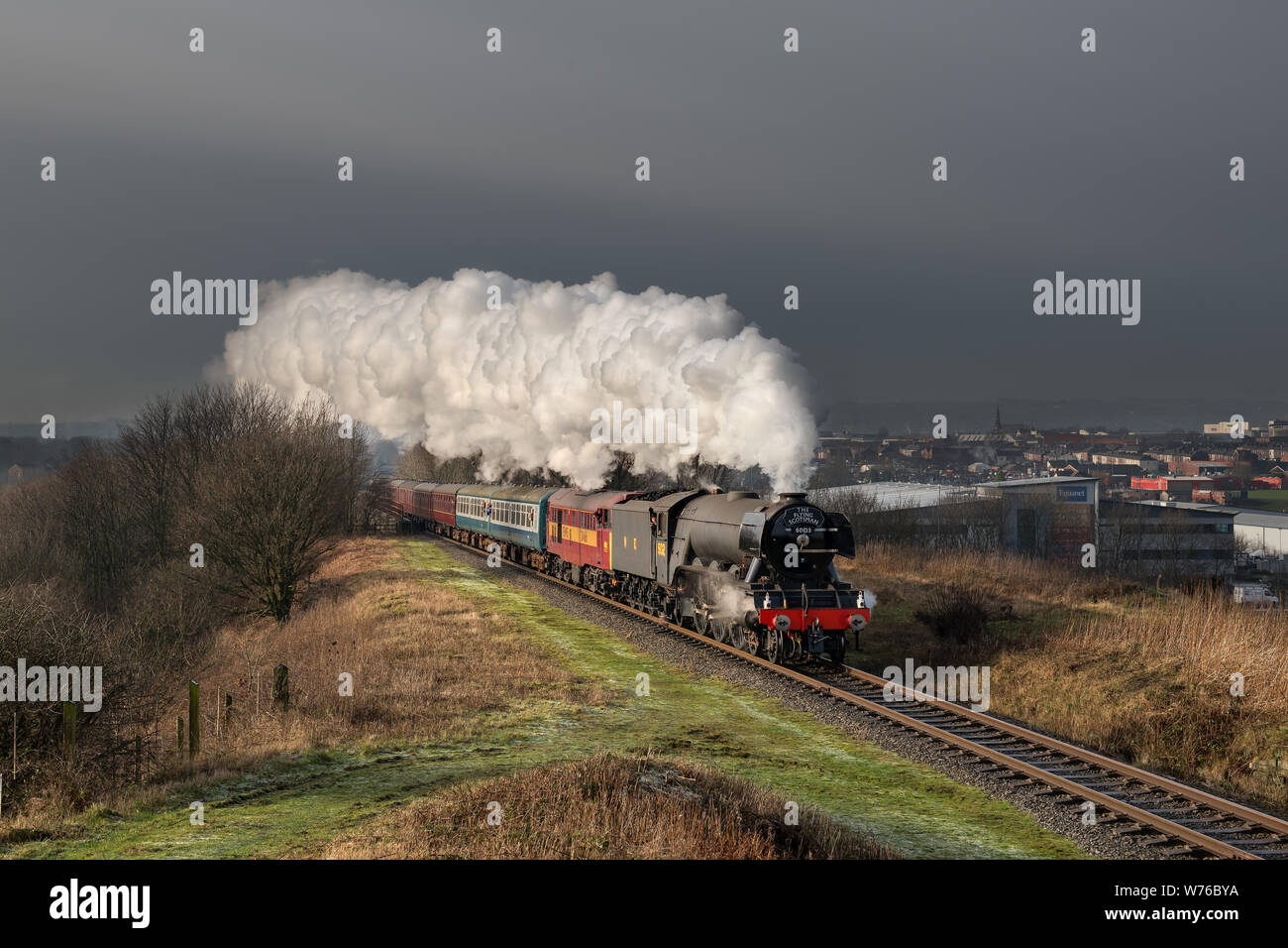 Flying Scotsman works a train on the ELR Stock Photo