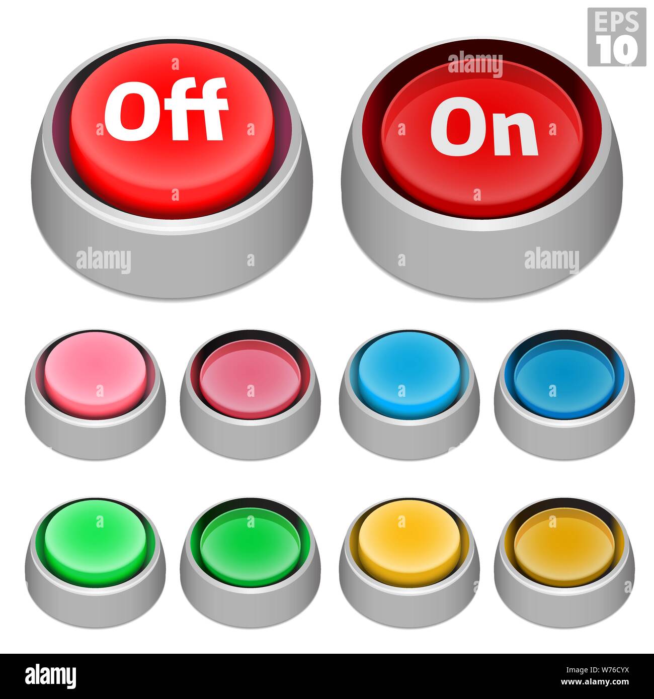 Push buttons with on off state and aluminum style mounting bezel, pressed and unpressed in various retro arcade colors. Stock Vector
