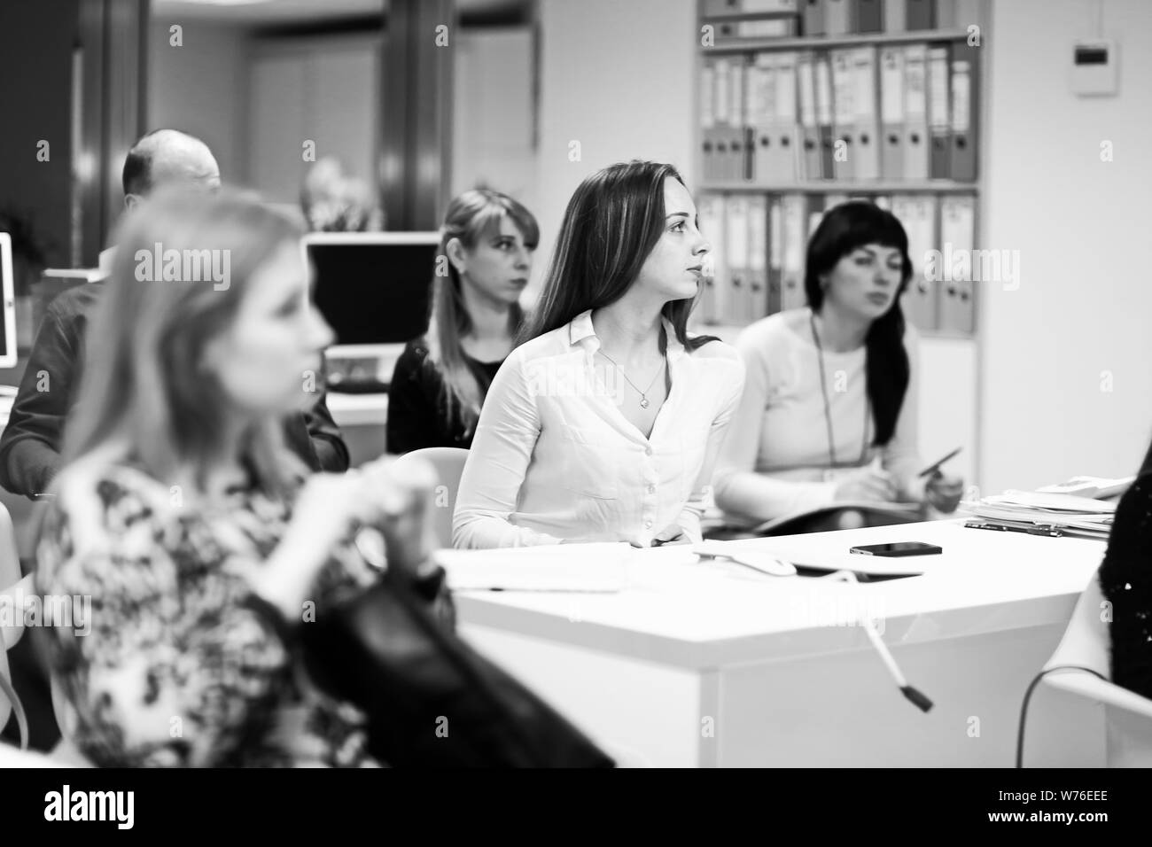 close up. business team at the workshop. business education. black and white photo Stock Photo