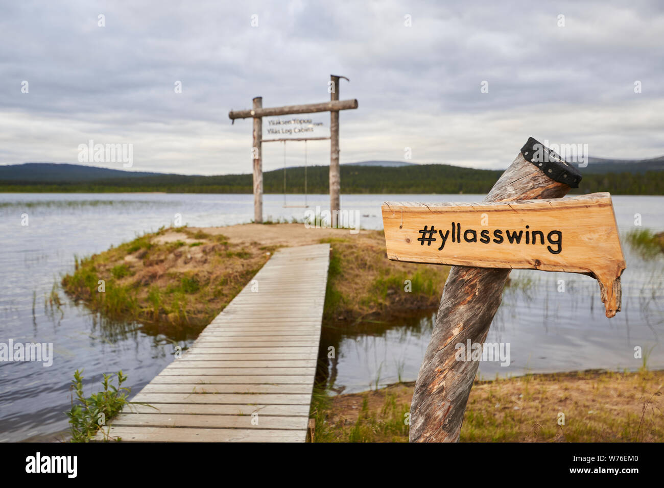Swing at lake Äkäslompolo, Kolari, Lapland, Finland Stock Photo
