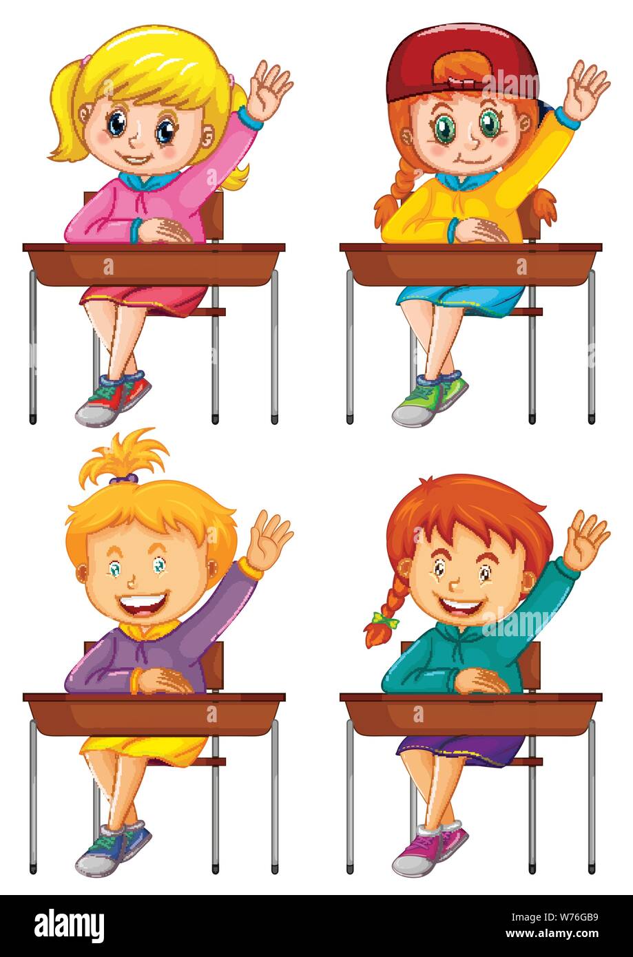 School girls isolated at desks illustration Stock Vector