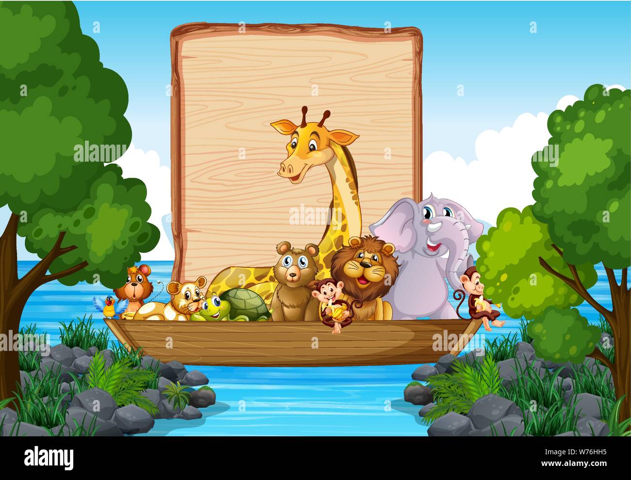 Border template design with cute animals on boat illustration Stock ...