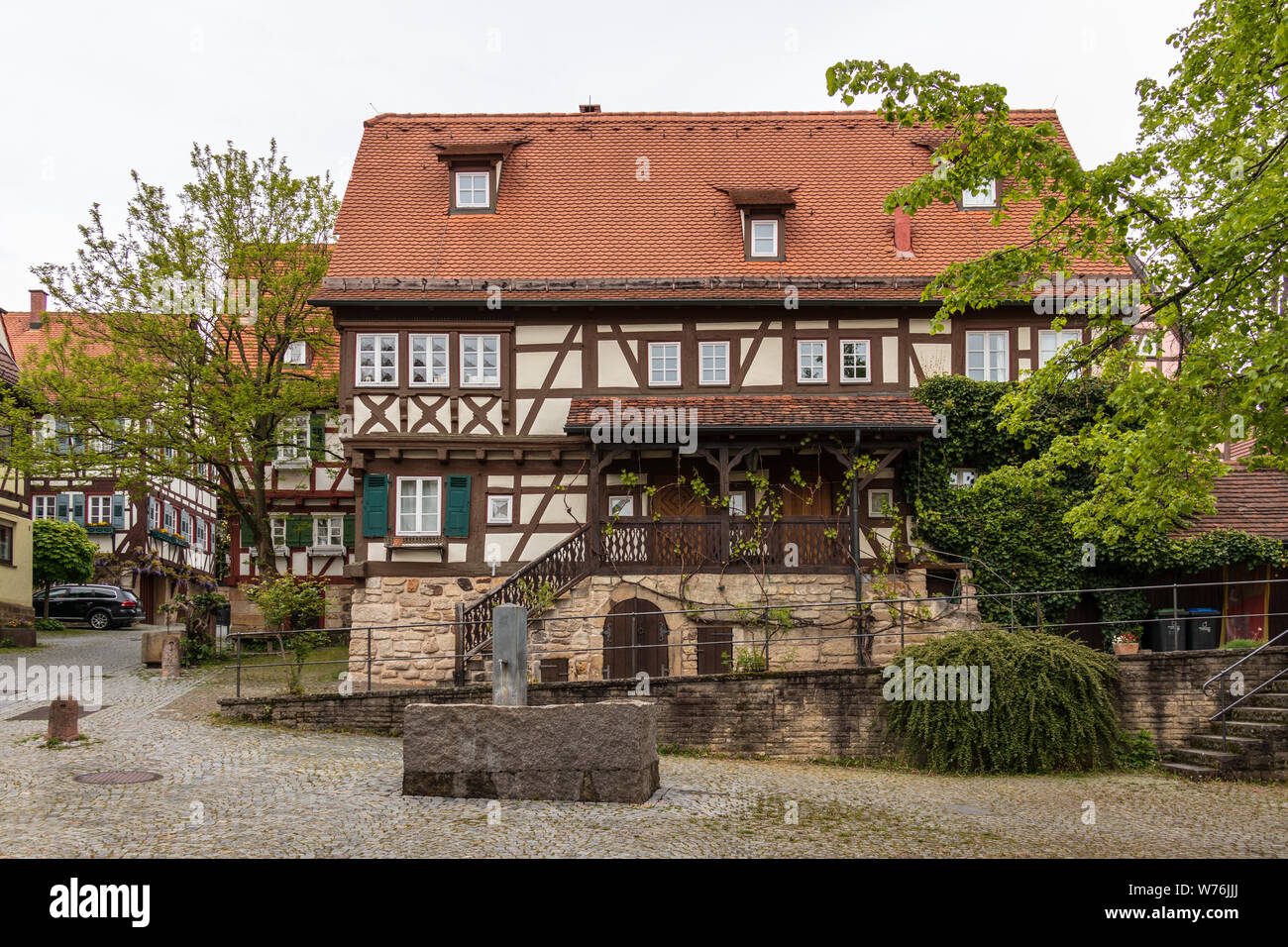 Sindelfingen, Baden Wurttemberg/Germany - May 11, 2019: Traditional Half-timbered house facades in Central District Road, Hintere Gasse. Stock Photo