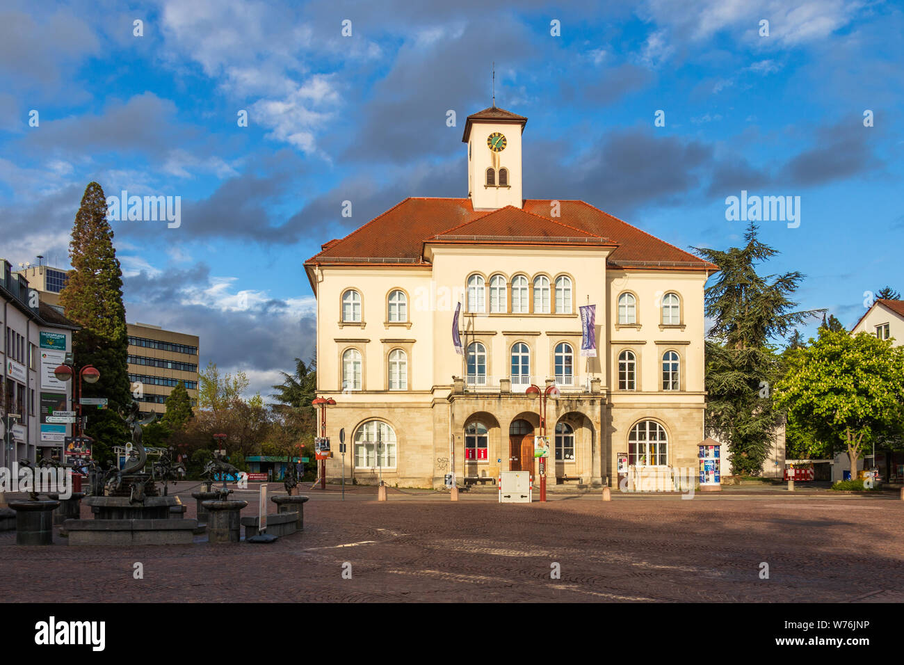 Sindelfingen, Baden Wurttemberg/Germany - May 11, 2019: Panorama of City Gallery building, Stadtgalerie and market fountain. Stock Photo